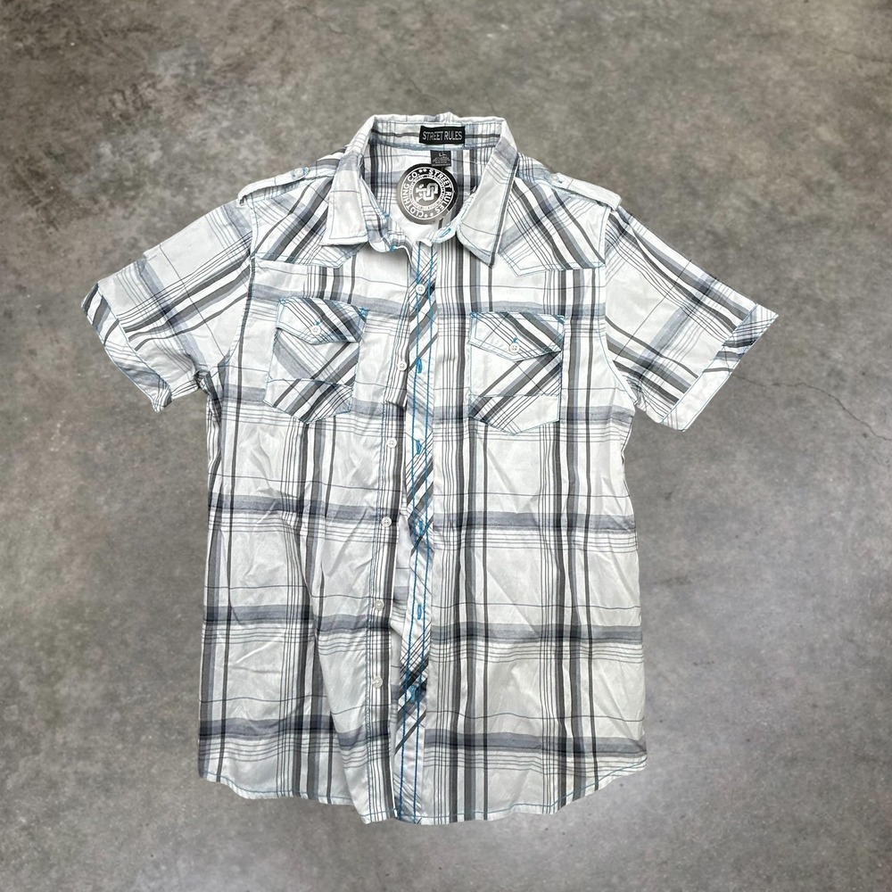 Street Rules Mens Large Plaid Button Down‎ Shirt Y2K Grey Blue MWA-203 NWT